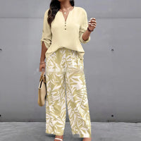 Ladies V-neck Shirt Tropical Plants Printed Pants Suit