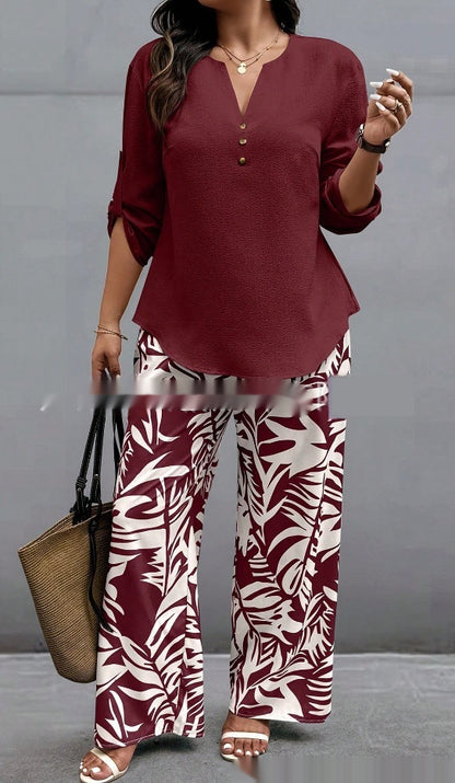 Ladies V-neck Shirt Tropical Plants Printed Pants Suit