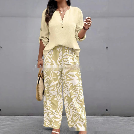 Ladies V-neck Shirt Tropical Plants Printed Pants Suit